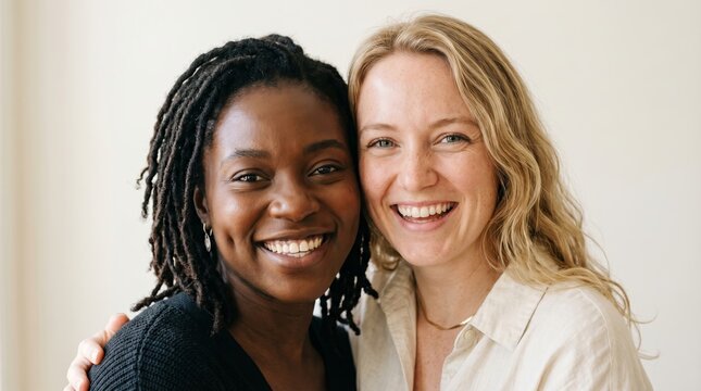 Two happy women embracing and smiling at camera. Diverse multiracial friendship and togetherness concept. Portrait of cheerful best friends bonding indoors with positive emotion.