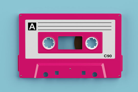 Retro Audio, Analog Music, Blank Label And Vintage Recording Concept. Pink Cassette Tape With Empty Writing Area. 3d Rendering