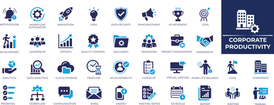 Corporate productivity solid icon set for business management, collaboration, dashboard, planning, leadership, performance, and office icon collection. Vector illustration.