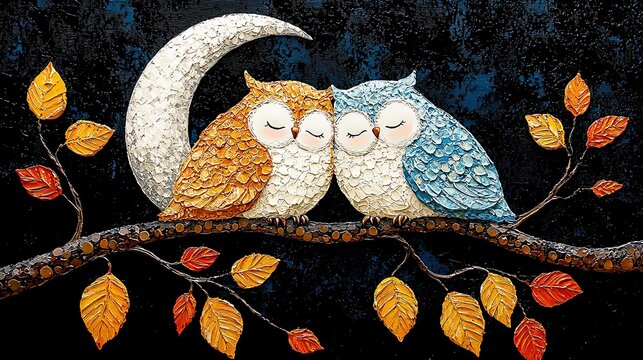 Cute Pastel Owls Sleeping on a Branch at Night