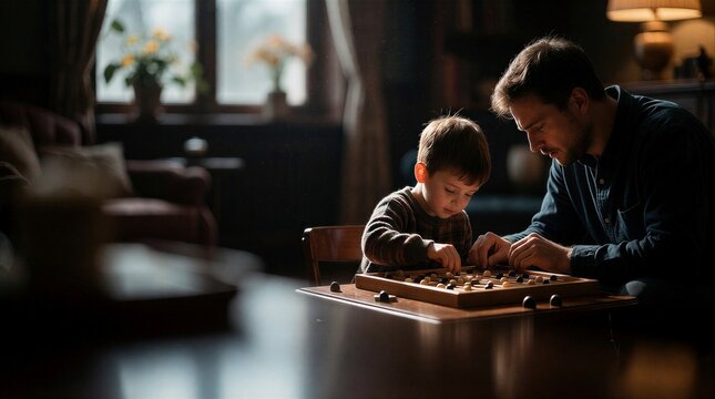 A smiling father teaching his young son how to play checkers in a cozy domestic living room setting.