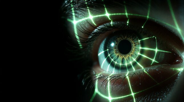 Close-up of a human eye with glowing green digital grid lines representing artificial intelligence and cybernetic technology.
