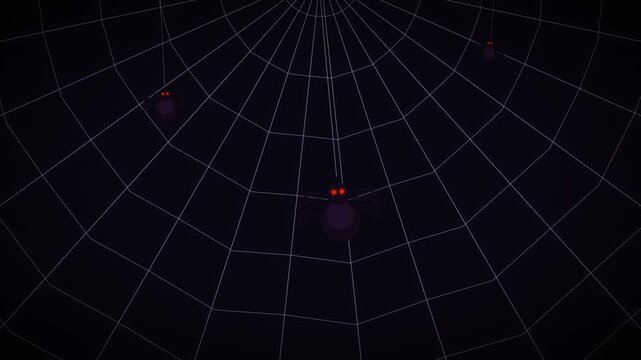 Spooky cute spiders hanging on a huge web with glowing red eyes Halloween loop background. Cute or spooky spiders on web with glowing red eyes loop animation