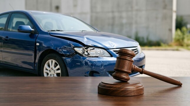 Wooden judge gavel on table with damaged car after accident in background. Car crash lawsuit and auto insurance claim. Traffic law and vehicle collision legal responsibility concept.