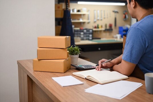 Small business owner reviews cash flow beside shipping boxes