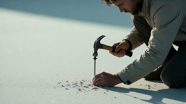 Focused male worker using hammer and chisel to carve metal surface in outdoor industrial setting.