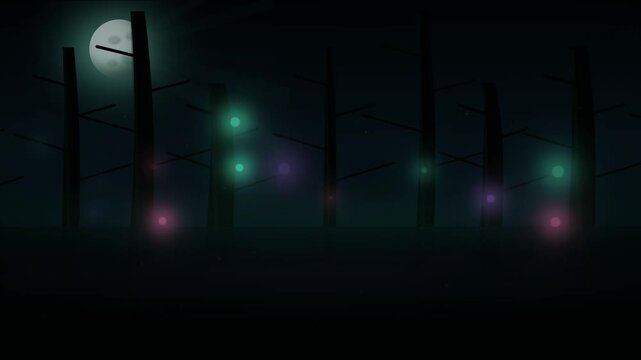 Spooky swamp at night with glowing magical wisps and full moon Halloween loop background. Creepy dark swamp night animation