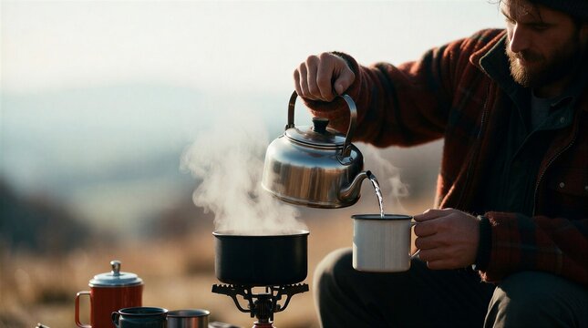 Bearded man pouring hot water from a kettle into a mug while camping in a misty mountain landscape.