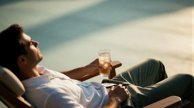 Relaxed young man sitting in a lounge chair holding a drink by a sunny swimming pool.