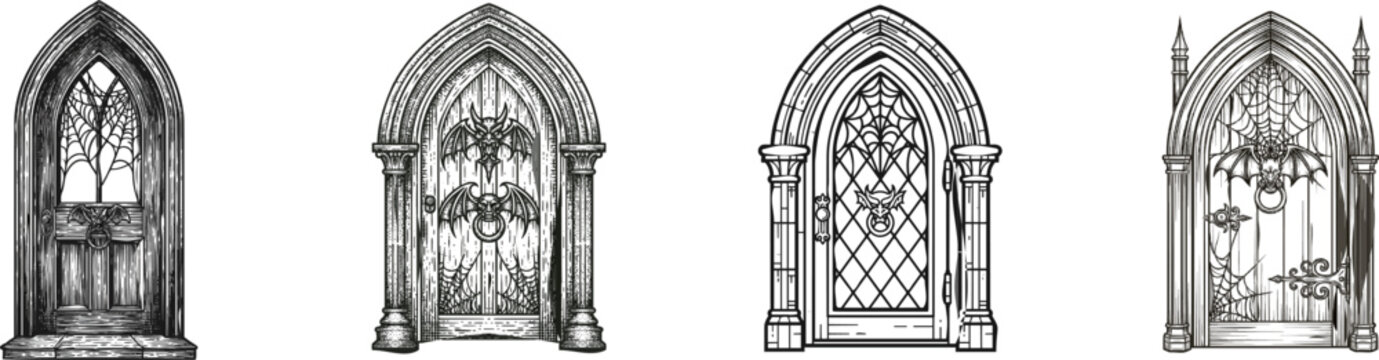 This black and white flat vector illustration depicts a gothic door adorned with cobwebs, featuring a gargoyle knocker and intricate line art design against a pure white background