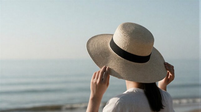 Back view of a woman wearing a large straw hat while looking at the ocean waves on a beach.