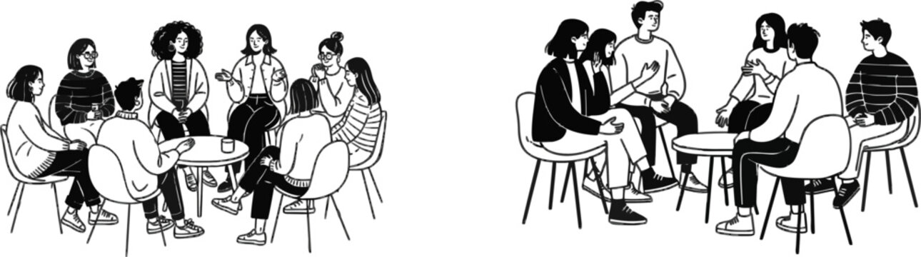 A black and white flat vector illustration depicts a diverse group of people seated in a circle, engaging in a mental health support session with expressive line art on a pure white background