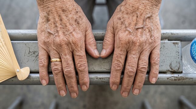 Two hands, lined and marked by the passage of time, rest on a weathered metal surface. A fan and a water bottle nearby hint at a moment of rest and reflection.