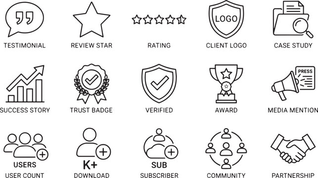 Set of business success and customer review outline vector icons featuring stars awards and handshake trust badge award trophy case study growth chart client logo media mention