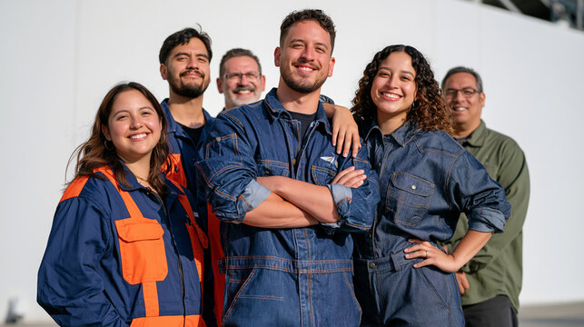 A group of commercial models stands against a sterile white background in workwear styling, crop duster aviation aesthetic informing the utility clothing design, diverse ages and builds represented,