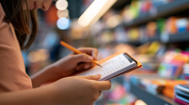 close-up of a child's hands holding a handwritten school supplies shopping list in a bright stationery store aisle, face out of frame, back to school preparation concept, family