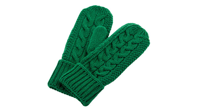 Green knitted winter mittens made of wool isolated on transparent background
