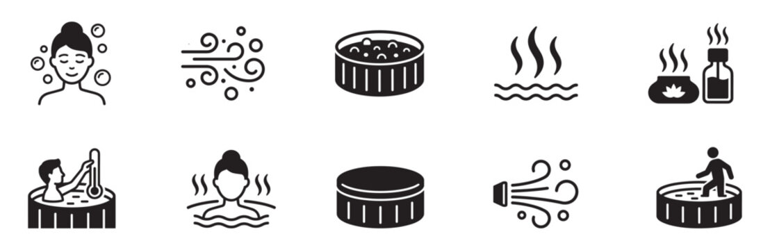Hot tub icon set. Woman in spa, steam, bubble bath, hot springs, water jets, essential oil, thermometer. Vector illustration.