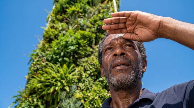 A man stands outside, slightly squinting as he shields his eyes from the bright sunlight. Behind him, a vibrant green wall of plants reaches towards the sky, adding life to the scene.