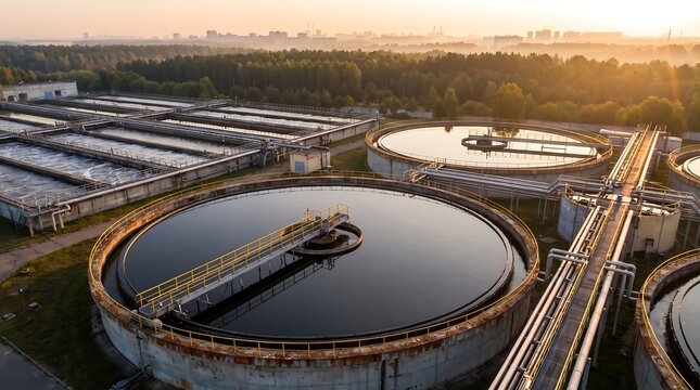 Aerial view of large circular water treatment tanks at municipal plant with lush green trees and city skyline in sunset light for sustainable urban infrastructure and industry