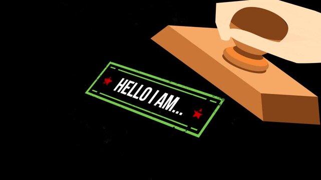 A hand stamping a green rectangle with the text hello i am on a smoky background