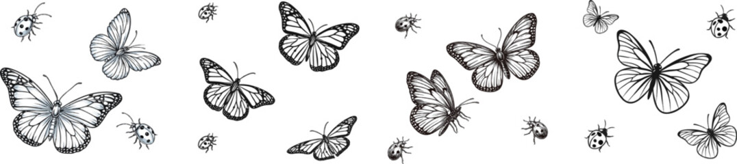 Naklejka premium A clean, black-and-white vector seamless pattern features two fluttering butterflies and two flying ladybugs against a pure white background