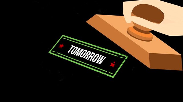 A hand stamping a green rectangle with the word tomorrow on it surrounded by smoke