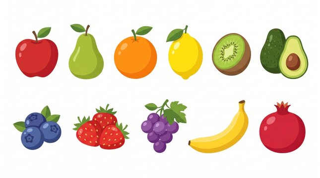 Tropical fruit vector set with pineapple, mango, papaya, avocado, watermelon, banana, coconut, orange, kiwi, and passion fruit isolated on white.