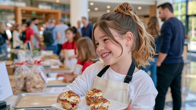 An elaborately decorated kids bake sale table fills a luxury foyer atrium, dozens of children in aprons presenting iced cupcakes and decorated cookie bags to a crowd of adults, the scene buzzing wit
