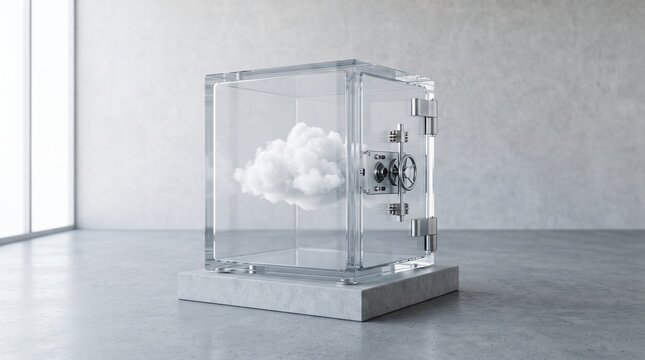 Conceptual Cloud Security Displaying a White Cloud Locked Inside a Transparent Polycarbonate Safe