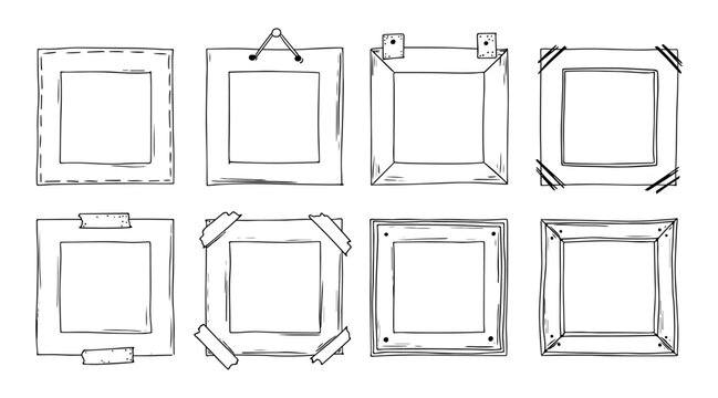Cute vector hand drawn photo frames. Doddle picture borders. Sketch squere Isolated on white background. Kid outline photo frames. 