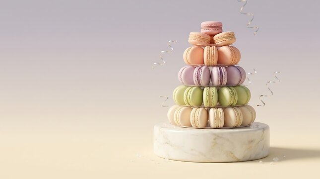 A tall stack of colorful french macarons arranged neatly on a small white circular pedestal display stand