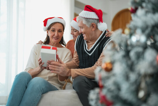 Senior man giving Christmas present to woman while adult daughter watches, sharing joyful family gift exchange beside decorated tree.