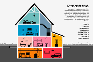 Fototapeta premium Cutaway house. Room inside the house. Infographic concept. Residential model. Building residential vector illustration