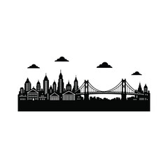 Obraz premium Modern city skyline with suspension bridge and skyscrapers silhouette vector icon illustration isolated on background