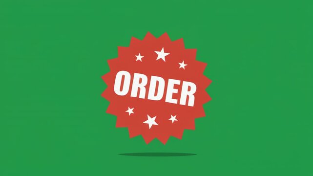 Animated red circle stamp with 'ORDER' text on green background with motion graphics