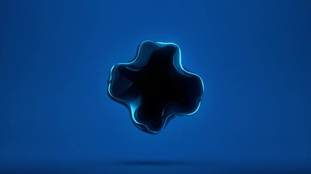 Dark amorphous blob shape morphing and rotating with blue glowing edges in studio lighting