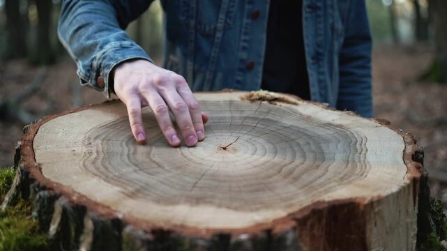 Opening loose fist, person wearing denim jacket placing palm and sweeping rings on stump in forest