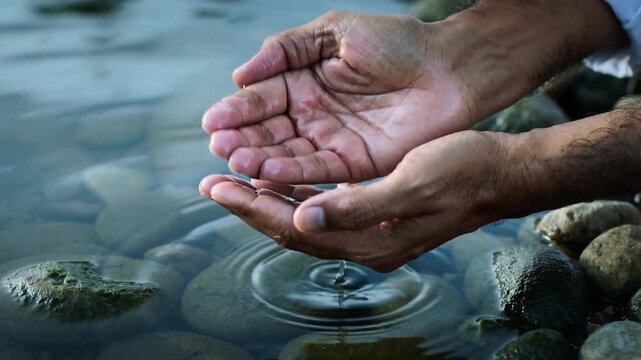 Collecting cupped hands holding water at shore, dropping droplets creating ripples, shirt cuff