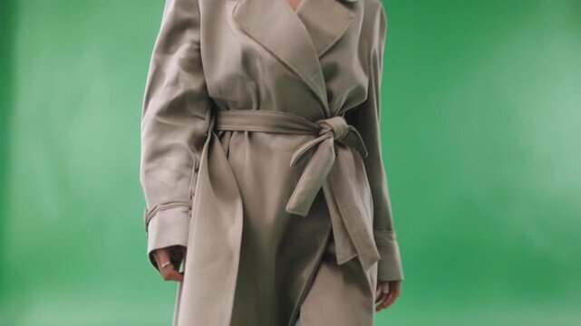 Woman in beige trench coat walking forward with subtle camera tilt against a green screen studio setting