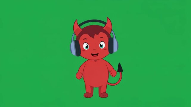 Cute devil character dancing with headphones on green screen background animated loop