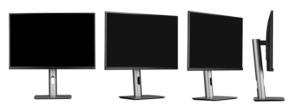 Sleek silver computer display shown from multiple angles with empty black screen on white background. Ideal mock up for showing website UI design, software interfaces, or digital artwork