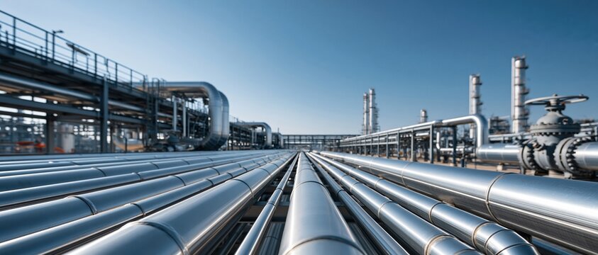 An epic wide-angle industrial landscape of a massive chemical or oil refinery plant featuring long steel pipeline systems stretching into the distance under a clear blue sky.