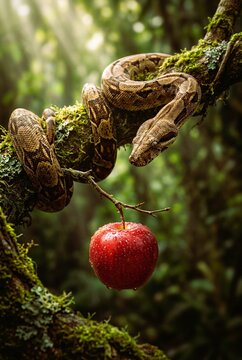 Biblical scene: the tempter serpent reaching for an apple in the Garden of Eden. A biblical symbol of temptation and the fall of Adam and Eve.