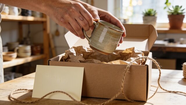 Person packing a handmade ceramic mug into a cardboard shipping box surrounded by packing paper with packaging shipping cardboard delivery business ecommerce