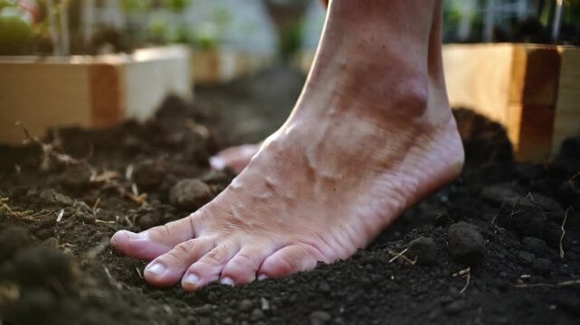 Pressing bare feet shifting weight, pressing toes into garden soil on path, wooden planters visible