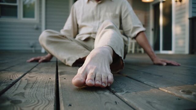 Sitting senior in light shirt, pants rotating bare right foot on porch, stretching toes to loosen