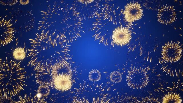 Golden fireworks exploding in sequence across a dark blue night sky for celebratory events