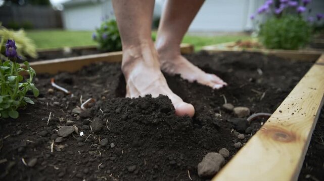 Placing bare feet, gardener pressing and scooping potting soil in raised bed preparing for planting