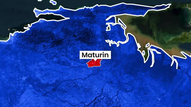 Venezuela's Maturin region highlighted on satellite map animation footage